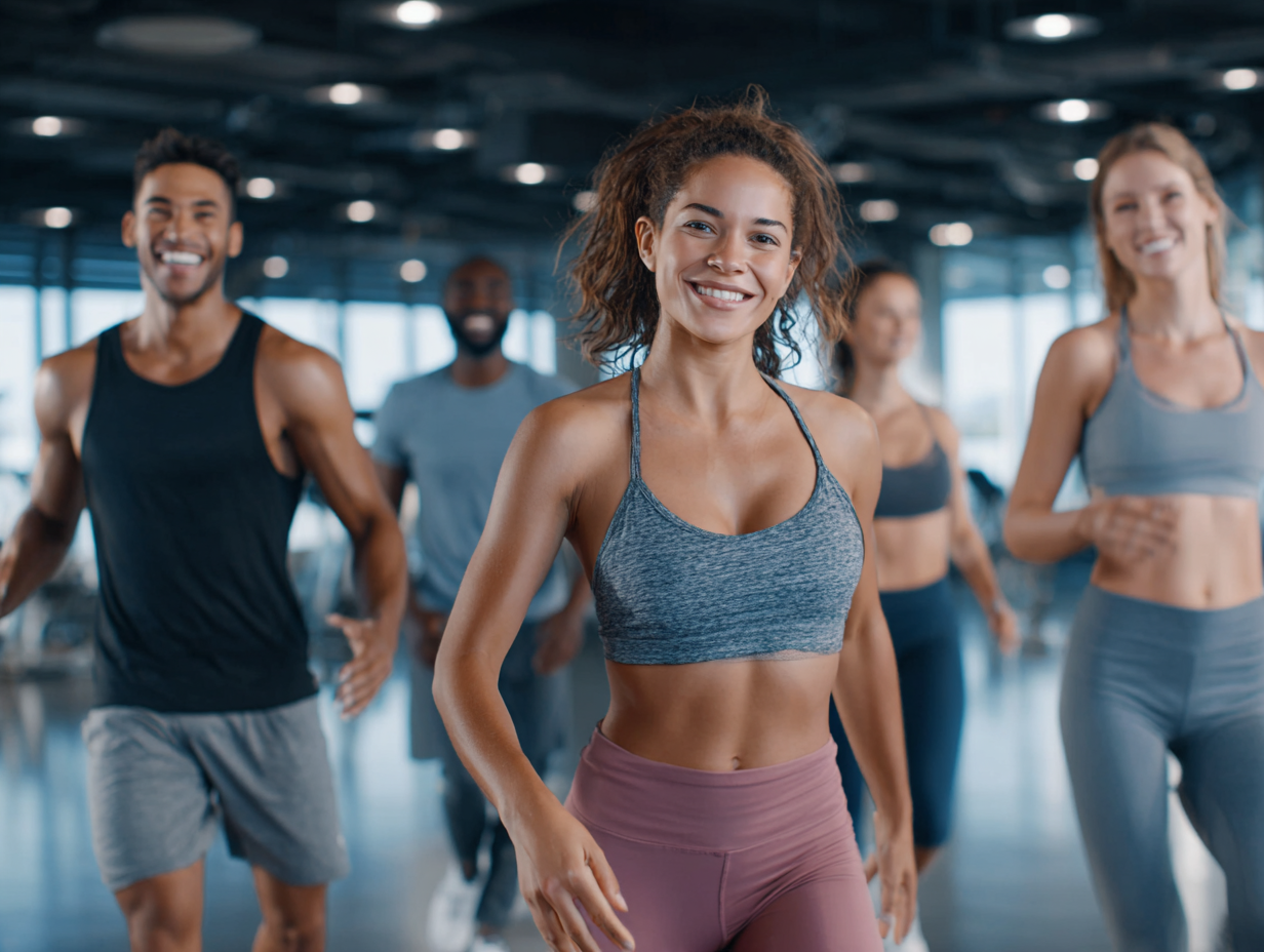 Aktivní muž a žena při skupinovém fitness tréninku